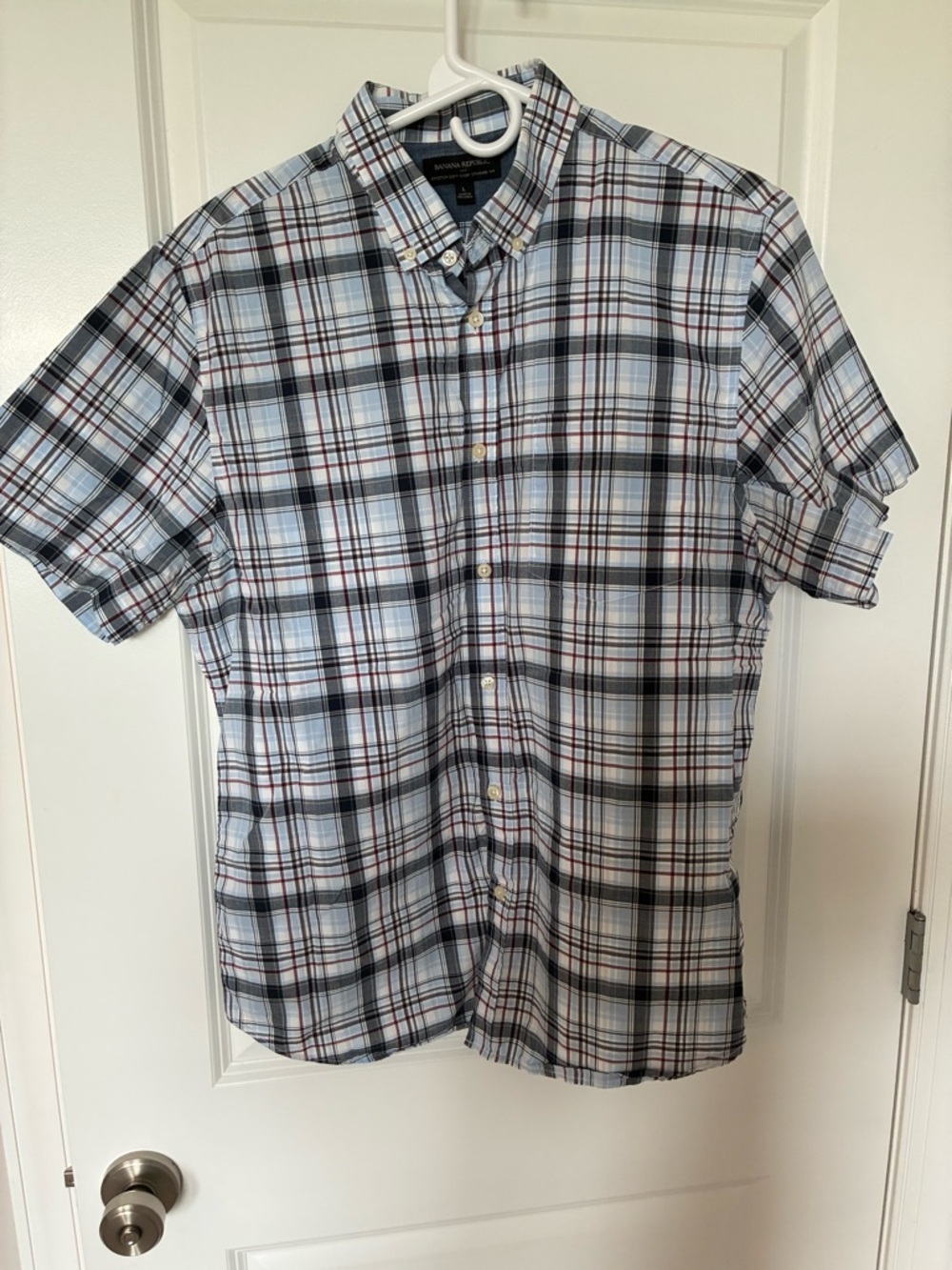 Banana Republic Light Blue Plaid Short Sleeve Button-Down Shirt Size L